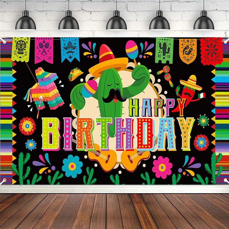 Mexican Fiesta Happy Birthday Photography Backdrop Banner Cinco De Mayo Background May 5 Theme Party Decor Supplies Photo Booth