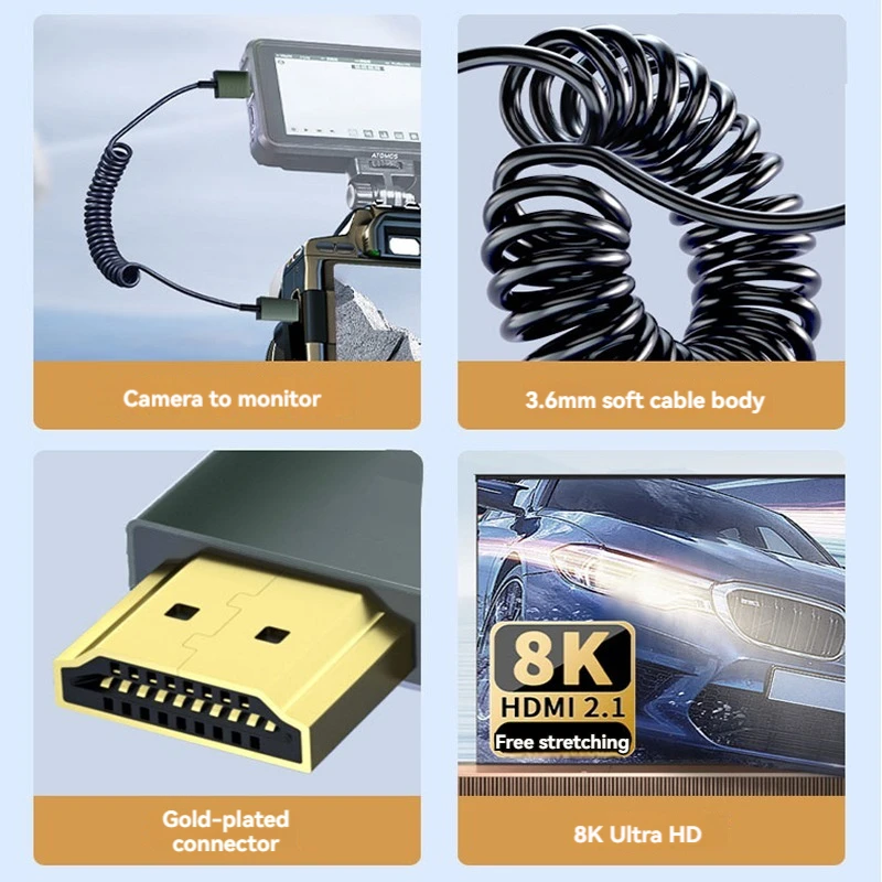 90 Degree Mini Micro HDMI-compatible Coiled Cable Support 3D 8K Spring Flexible Slim Cord for Camera DV Video Capture Card HDTV