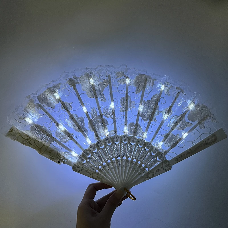 9inches Glowing Lace Hand Fan LED Folding Hand Fan Girl Women Dance Light Up Foldable Fan Bar Performance Night Show Supplies