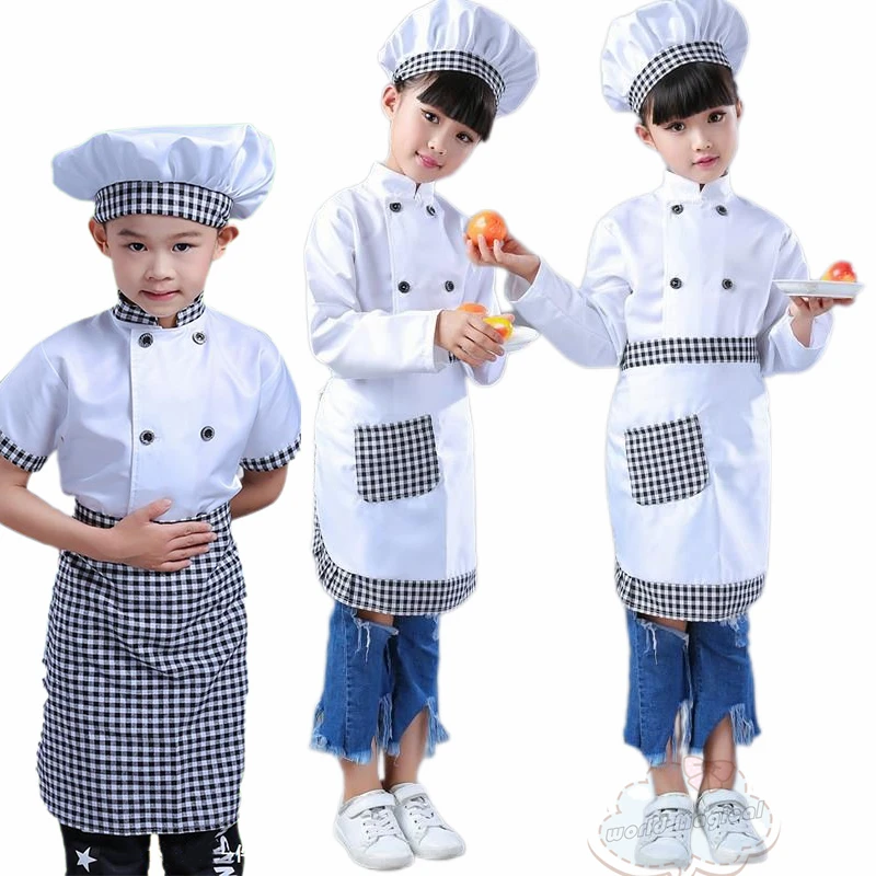 Chef Uniform Childs Cosplay Shirt Apron Hood Catering Costume Party Little Chef Kids Plaid Costume Play House Dining Cosplay