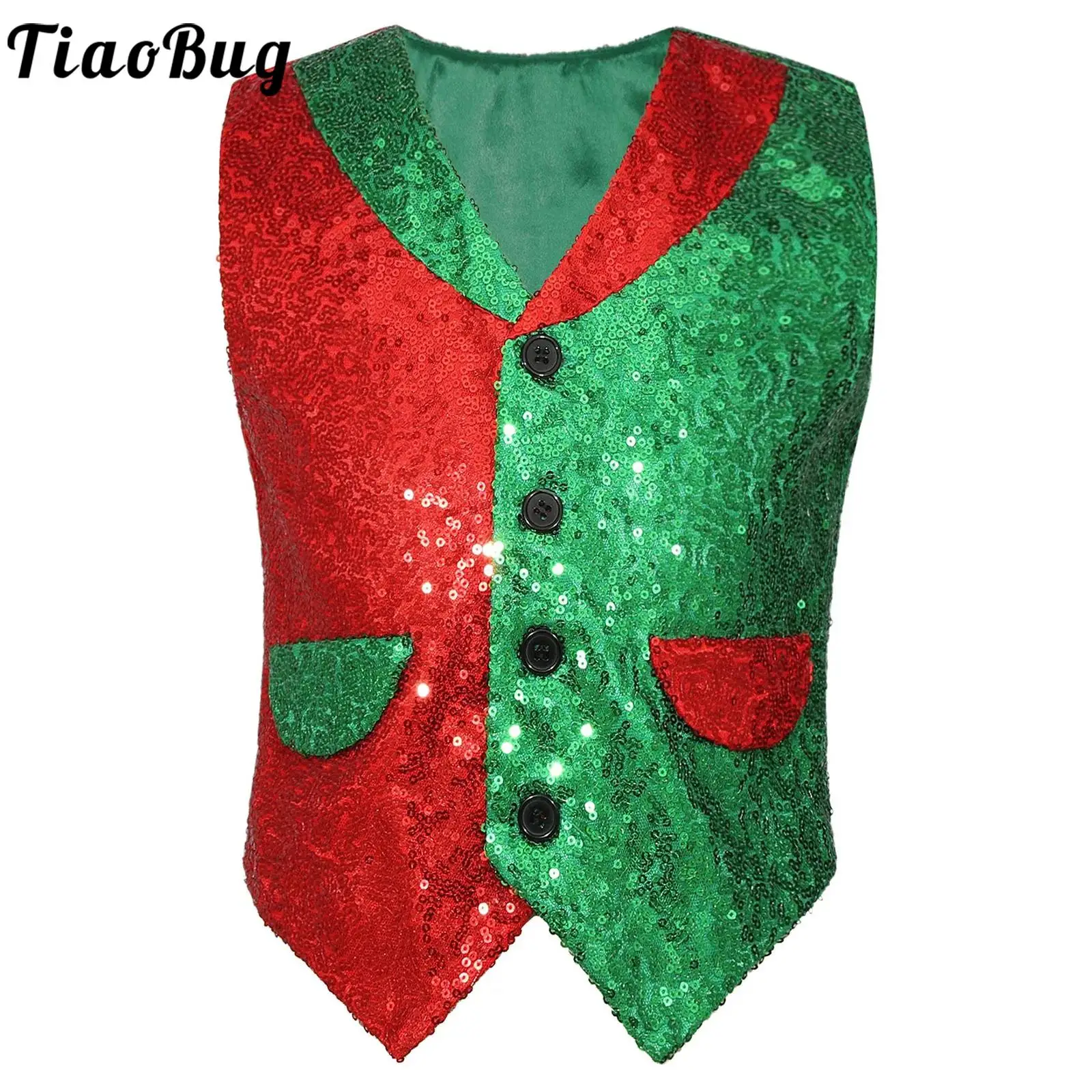 

Kids Christmas Candy Cane Striped Costumes Boys Girls Sequin Santa Claus Elf Waistcoat Open Front Coat Jacket Vest Fancy Tops