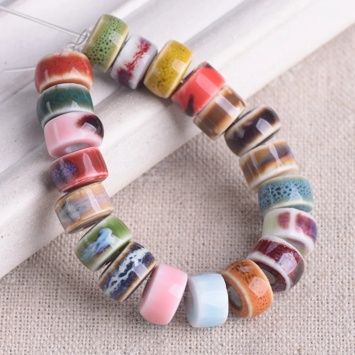 10pcs 10mm Flat Cylinder Rondelle Shape Handmade Flambed Glazed Enamal Ceramic Porcelain Loose Beads For Jewelry Making DIY