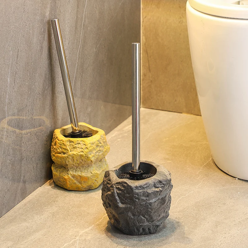 Retro stone toilet brush holder set cleaning ceramic long handle punch-free