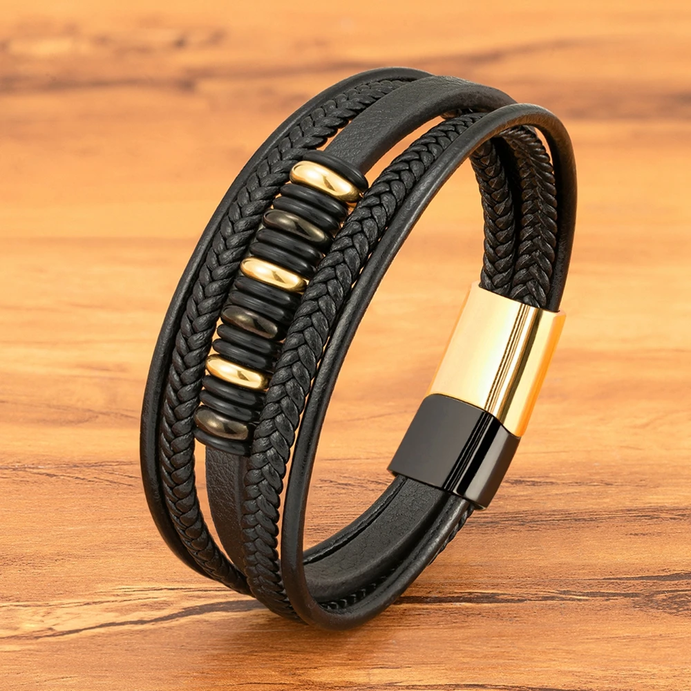 

XQNI Men Bracelet Fashion Multi-layer Leather Stainless Steel Magnet Clasp Bangles Birthday Jewelry for Male Accessories Gifts