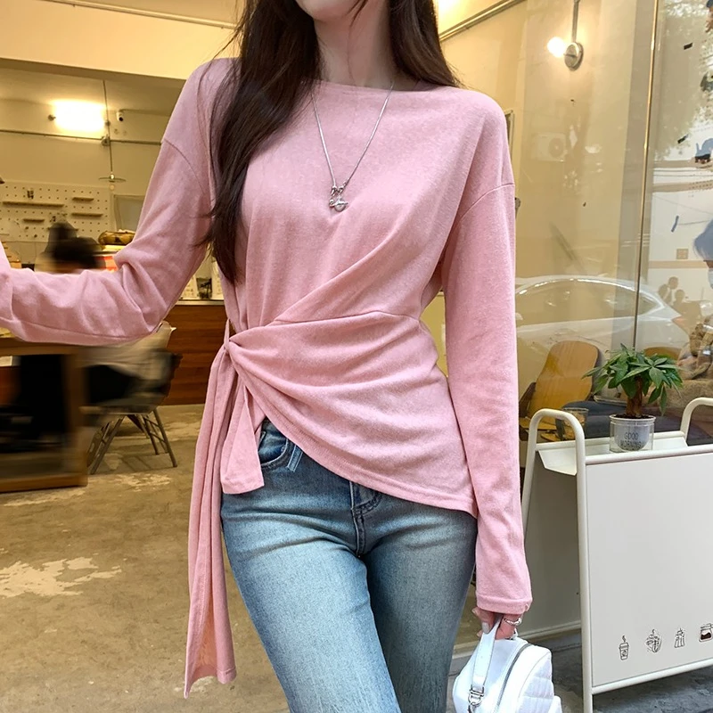 

Новинка 202, весенне-летняя женская футболка с поясом, трикотаж, повседневные свободные рубашки с длинными рукавами и круглым вырезом в Корейском стиле, женские топы