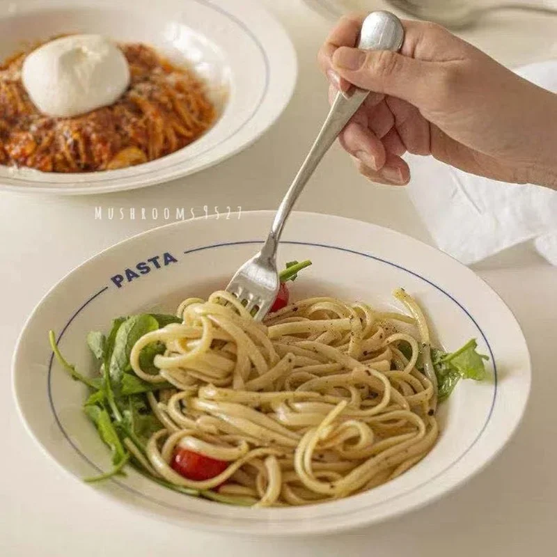 Plato de cerámica azul Simple con letras Retro de estilo coreano, vajilla para Pasta, arroz frito, plato profundo ovalado, plato para aperitivos y postre para desayuno
