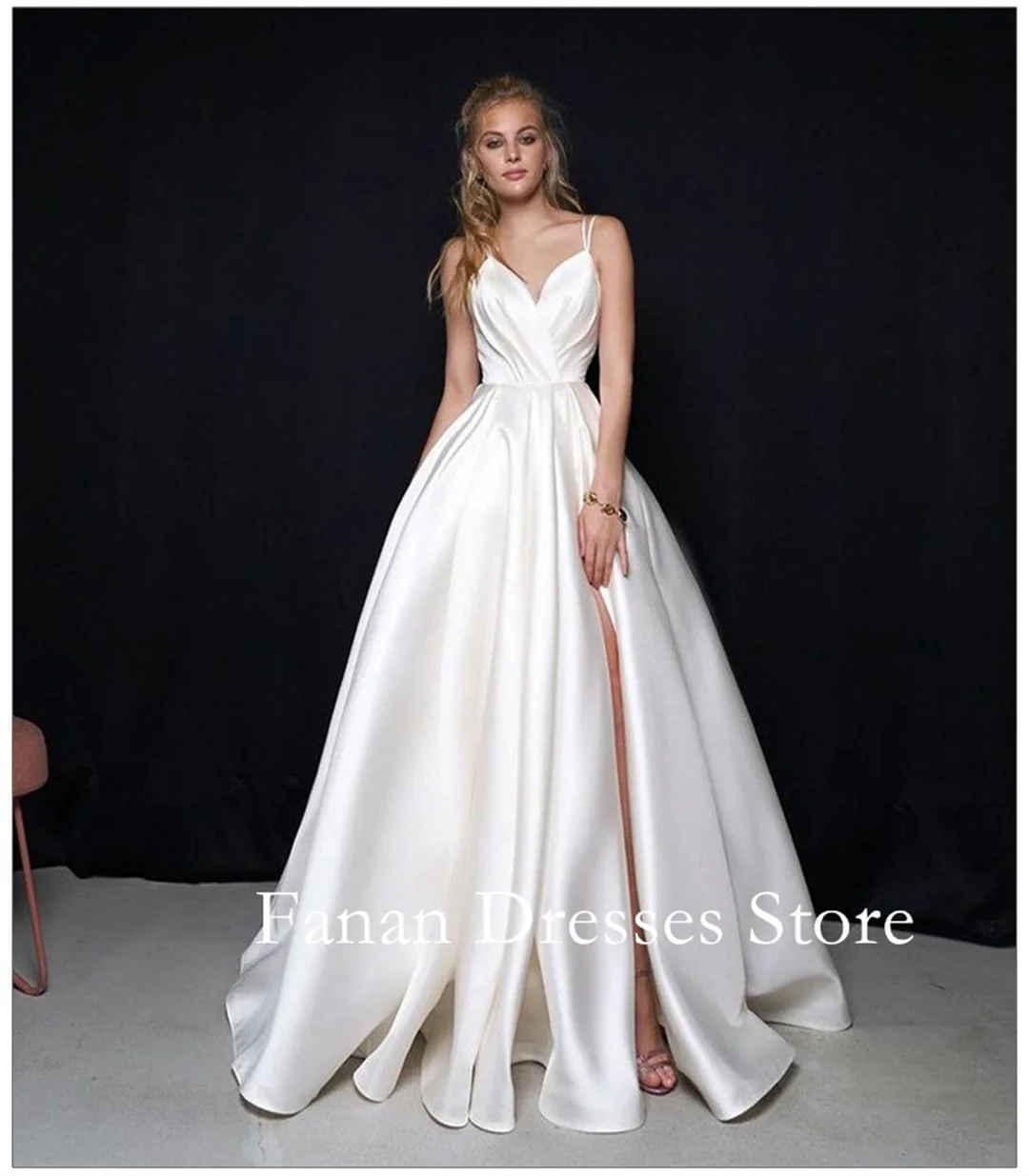 FANAN Spaghetti Straps Side Slit Satin A-Line Backless Wedding Dresses 웨딩드레스 Simple Ivory Customized Pretty  Bride Dress