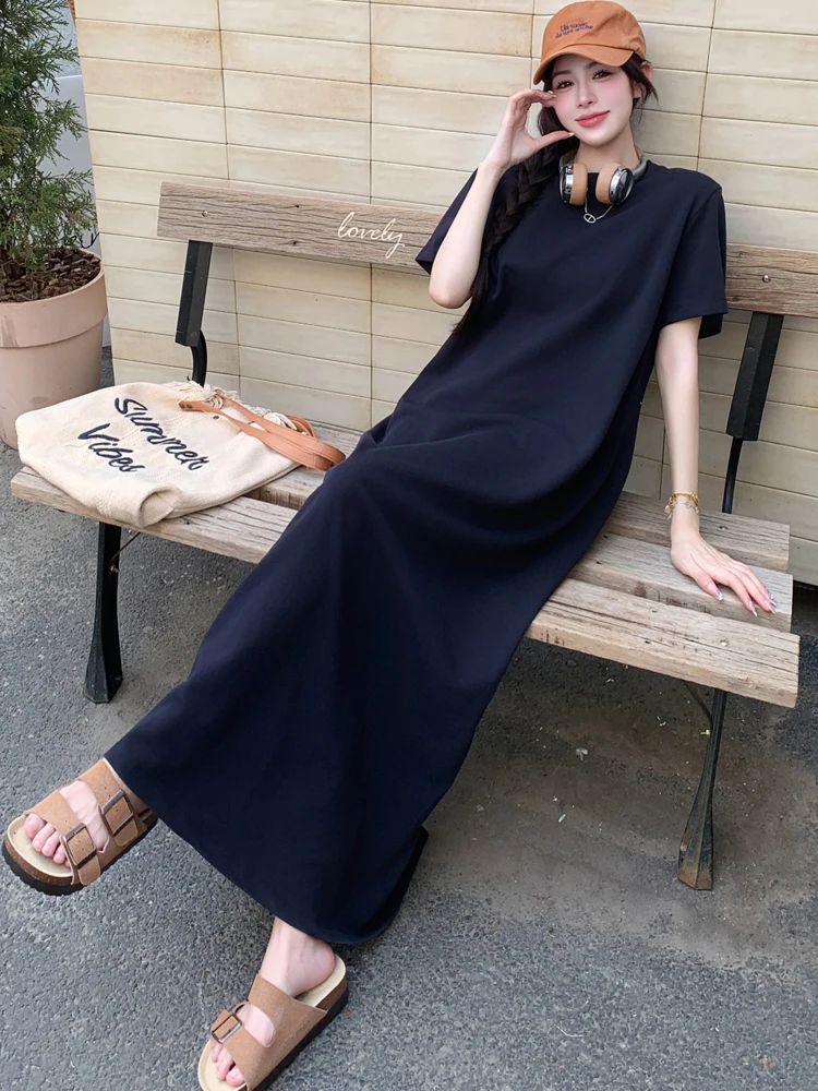 NYFS فستان صيفي 2025 النمط الكوري المرأة فضفاضة حجم كبير كم قصير الصلبة تي شيرت فستان طويل رداء Elbise