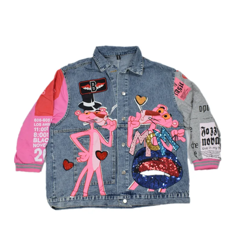 VOLALO Newest 2024 Spring And Autumn Denim Jacket Woman Sequin Splice Thin Coat Anime Cartoon Alphabet Casual Jacket