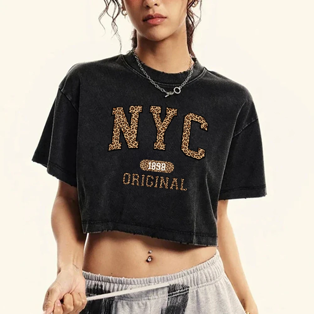 Leopard Print New York City Printed Washed T-Shirt Women Crop Summer Tee Shirts Soft T Shirt Crewneck Cotton Female Short Sleeve