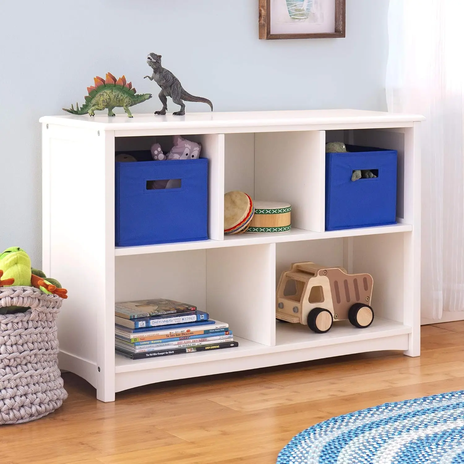 Bookshelf: Children's 5 Compartment Toy, Bin, Art, Clothes and Book Storage - Wooden Playroom and Bedroom Furniture For Kids