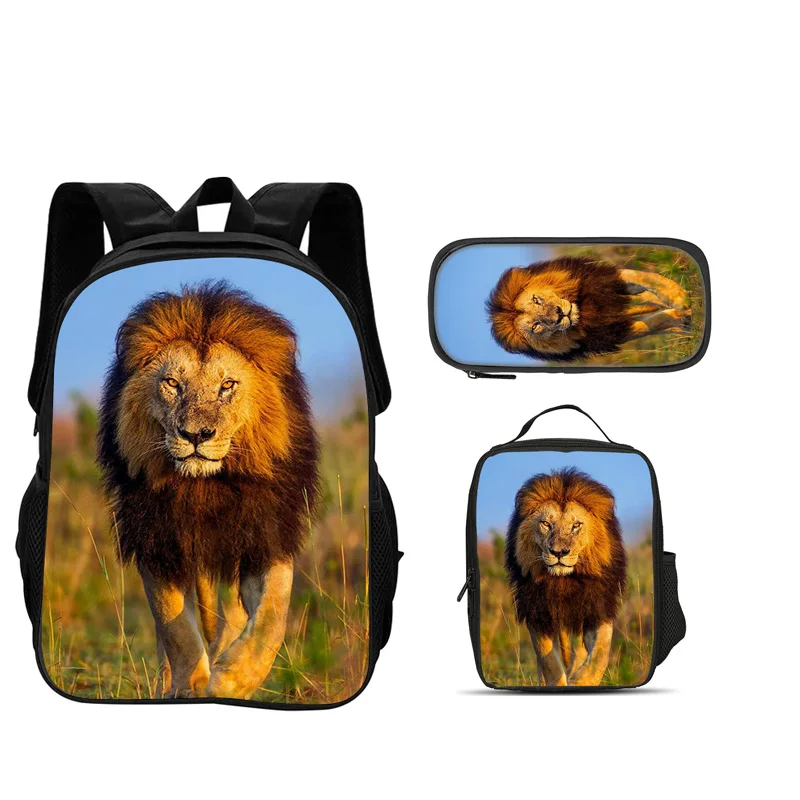 lion 3pcs Set Backpack Pen Bag ice Bag Durable Trendy, Versatile Cartoon School Boy and Girl Birthday Best Gift