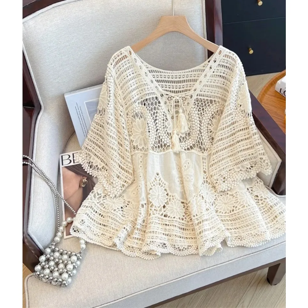

Casual Ｖ-neck floral Elegant basics Knit Chic Hollow Out Loose Top korean fashion　 Plus Size Clothing　bohemian dress