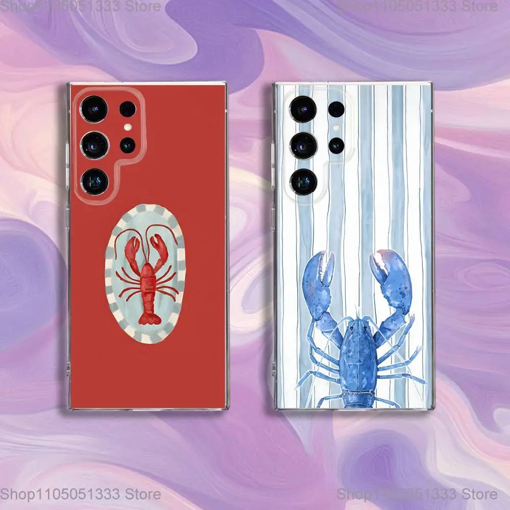 

Lobster On Stripes Ocean Phone Case For Samsung S24,30,21,22,23,20 FE,lite,PIus,Ultra,5G,Note,9,10 Transparent Cover