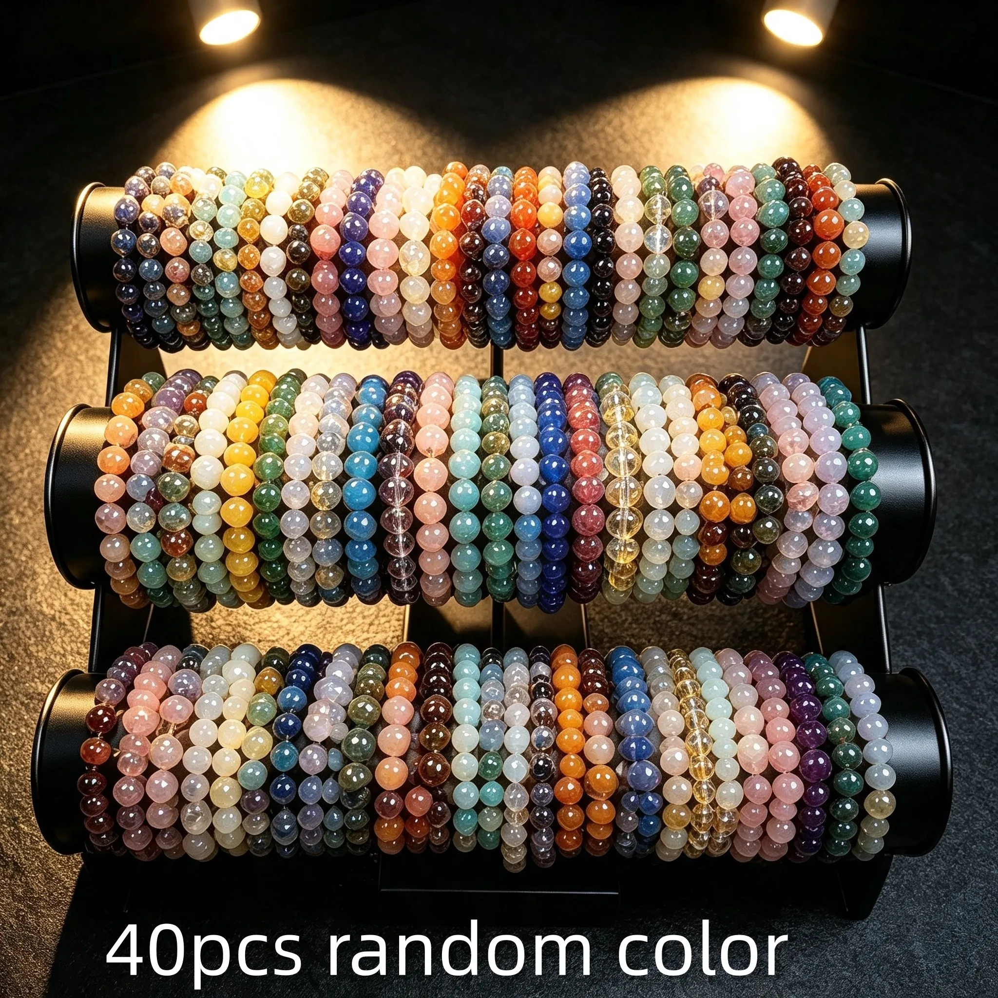 40-piece pack of natural stone and glass bead bracelets, random color mix and match, multi-color stone bead bracelet for women, 8mm round bead elastic bracelet, natural stone bracelet, birthday gift, bracelet for men and women, gift for her, gift