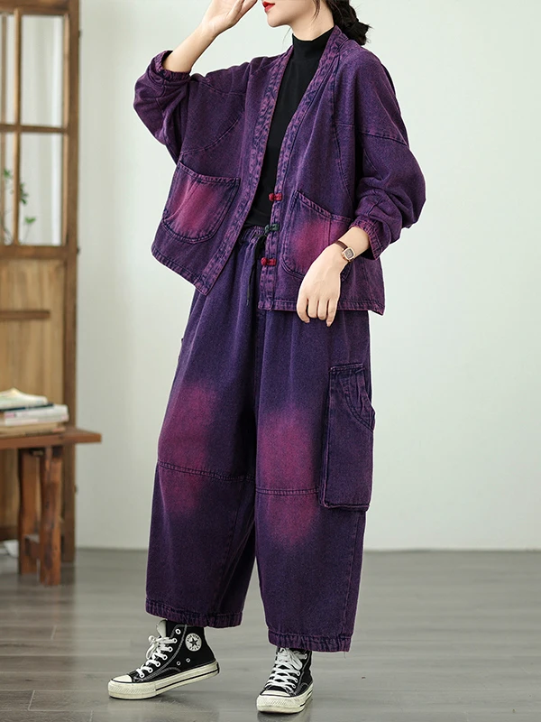 

Retro Button up Denim Casual 3D ket Loose Faion Bat irt Two Piece Set Women's Autumn Wear Comfortable Lightweight