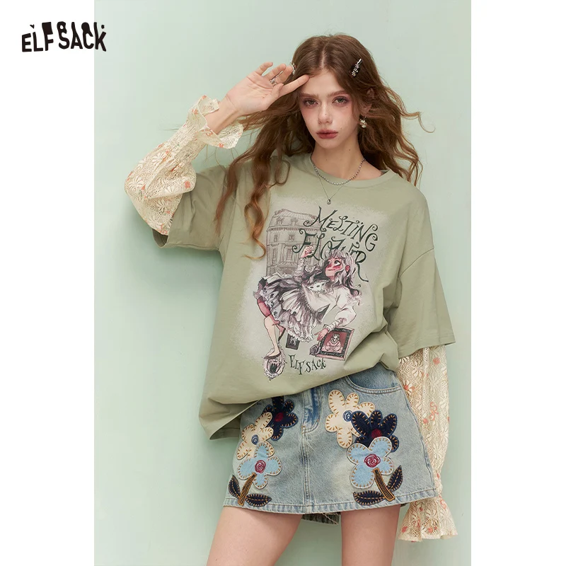 ELFSACK Fake Two Piece T Shirt, Women Long Sleeve Lace Ruffle Hem Short Sleeve Top Sweet Princess Print Casual Streetwear