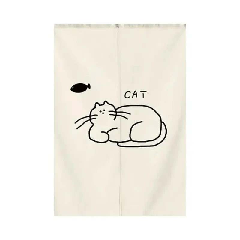 VIKAMA Minimalist Cat Noren Door Curtain Simple Line Drawing Cat Fish Text Print Beige Fabric Home Partition Decor