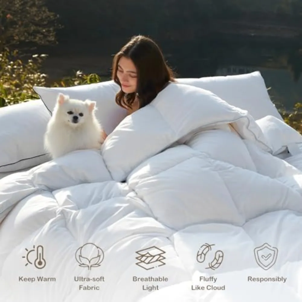 

Luxury Feather Down Fiber Comforter King Size, Ultra-Soft Egyptian Cotton-Blend Fabric, High FP Medium Weight for All Season