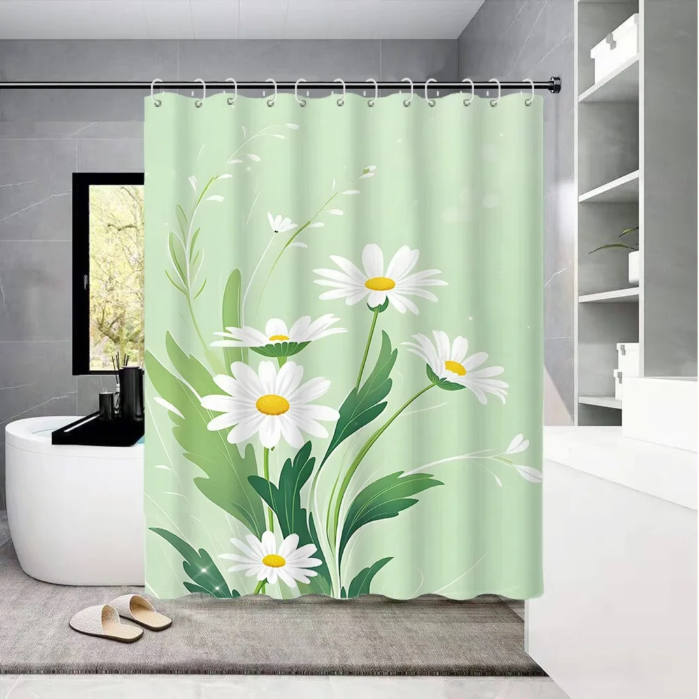 

Зеленый фон с белыми цветами Занавеска для душа Моющаяся грязеотталкивающая насадка для душа водонепроницаемая полиэстеровая занавеска для ванны