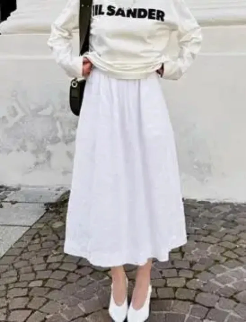 

White cotton and linen A-line skirt with loose and high waisted skirt 2025 Fashion spring fashion new cross-border long skirt