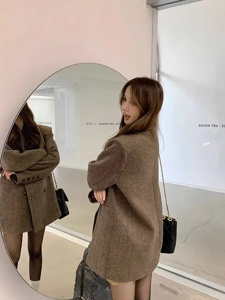 UNXX Winter British Blazer corto in lana a spina di pesce Retro Casual sciolto tinta unita doppio petto colletto cappotto di lana donna
