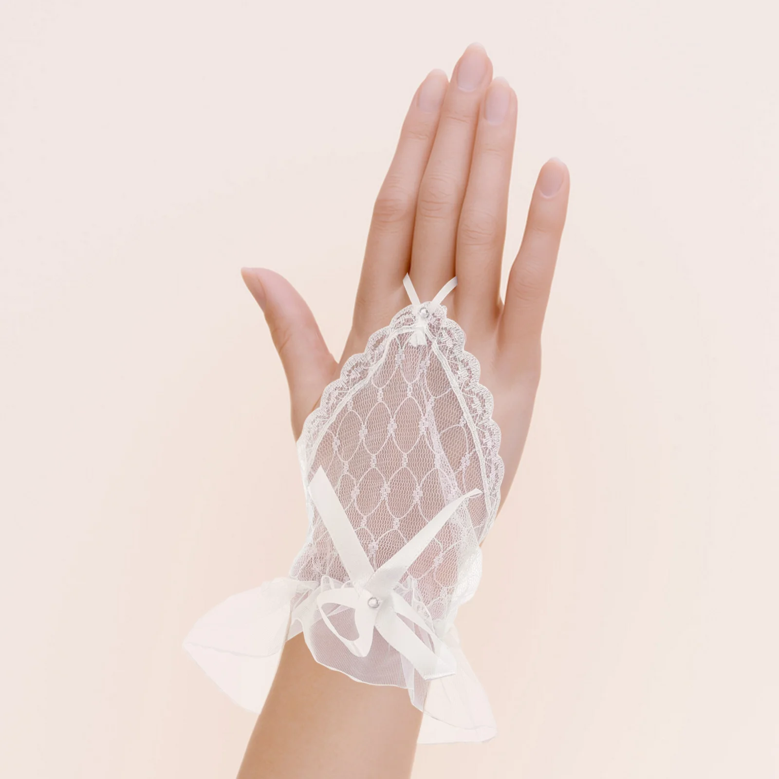 Guantes de encaje sin dedos para mujer, guantes blancos de malla transparente con lazo y diamantes de imitación, guantes de novia para boda, accesorios para fiesta de té para damas de honor