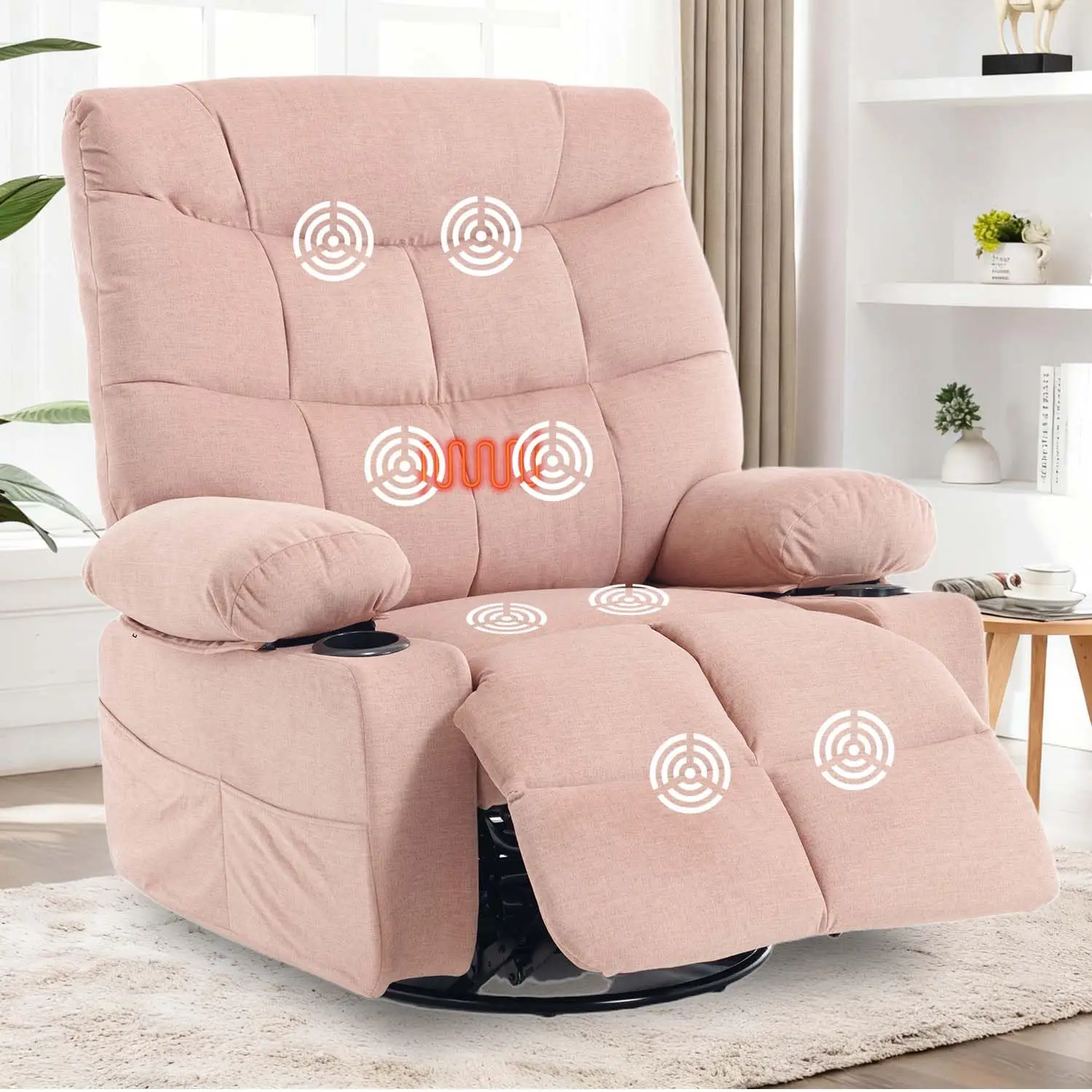 Swivel Rocker Recliner Chair With Massage And Heat, Fabric Heated Reclining Chairs Manual Recliner For Adults, Nursery Rocking G