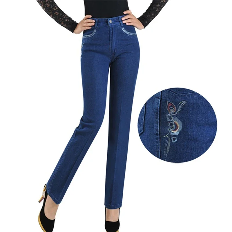 2025 Casual Pants Women Summer Jeans Elasticity Straight Pants Embroidery Middle-Aged Female High Waist Denim Pants 2655