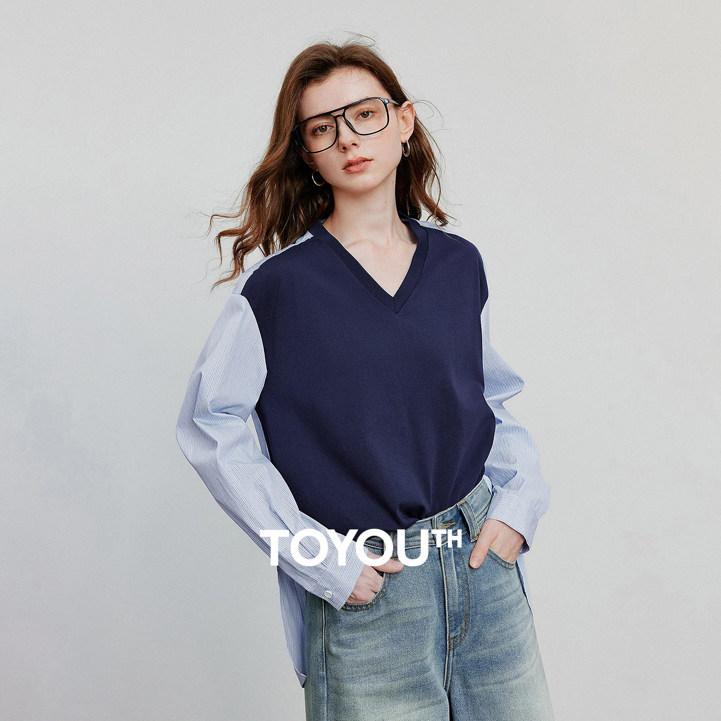 

TOYOUTH Women Blouse Shirt 2025 Autumn New Cotton Contrast Splicing Fake Two Piece Turn Down Collar OL Working Shirt Tops
