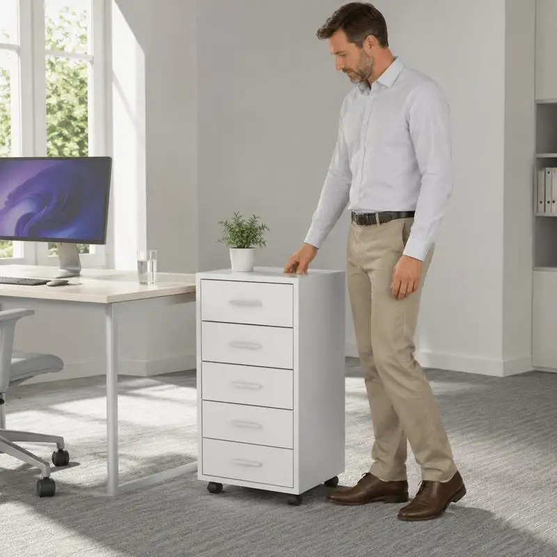 Armoire de bureau avec 5 tiroirs, blanche, structure en acier stable, gain de place pour documents et fournitures, maison, bureau, studio, organisation