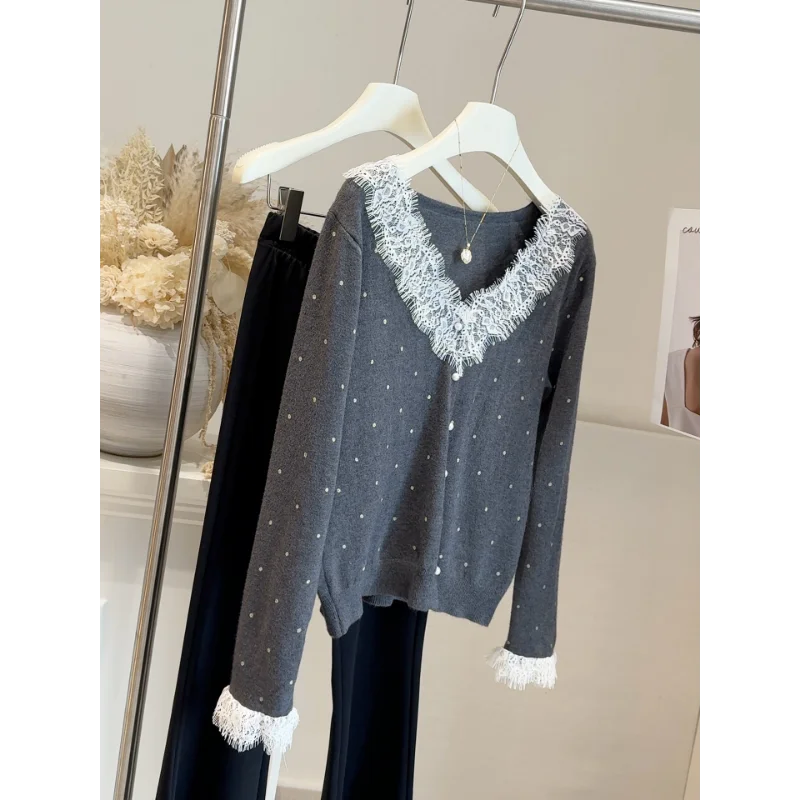 

Кружевной свитер в горошек с v-образным вырезом, женский кардиган, свитер, весенне-осенний дизайн, короткая верхняя базовая рубашка