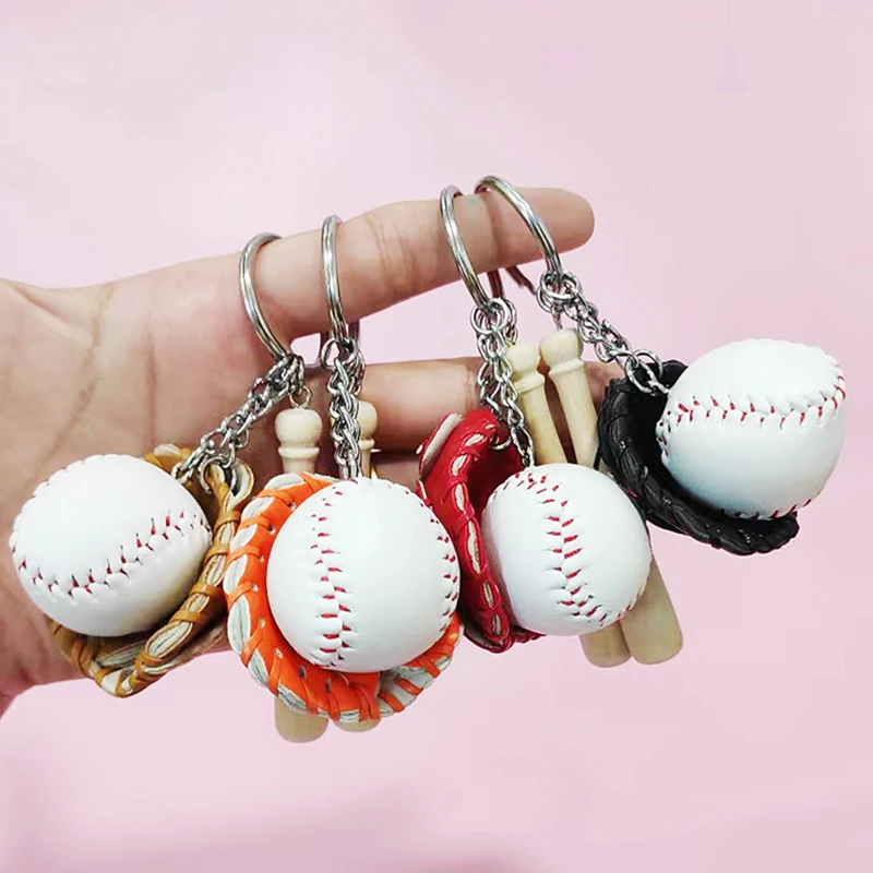 1Pcs Fun Wooden Bat Keychain Mini Three-piece Baseball Glove Backpack Decoration Car KeyChain KeyRing Festival Party Small Gift