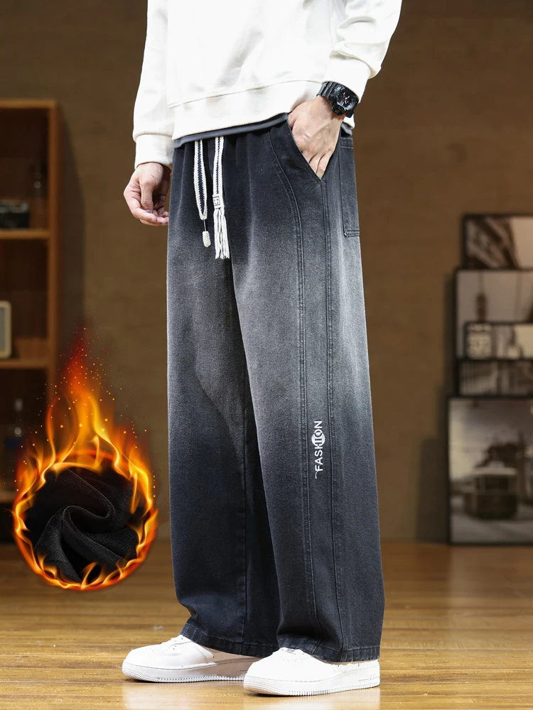 2023 Winter New Men's Jeans Thicken Velvet Warm Denim Pants Wide-Leg Straight Thermal Fleece Baggy Jean Trousers Plus SIze 8XL