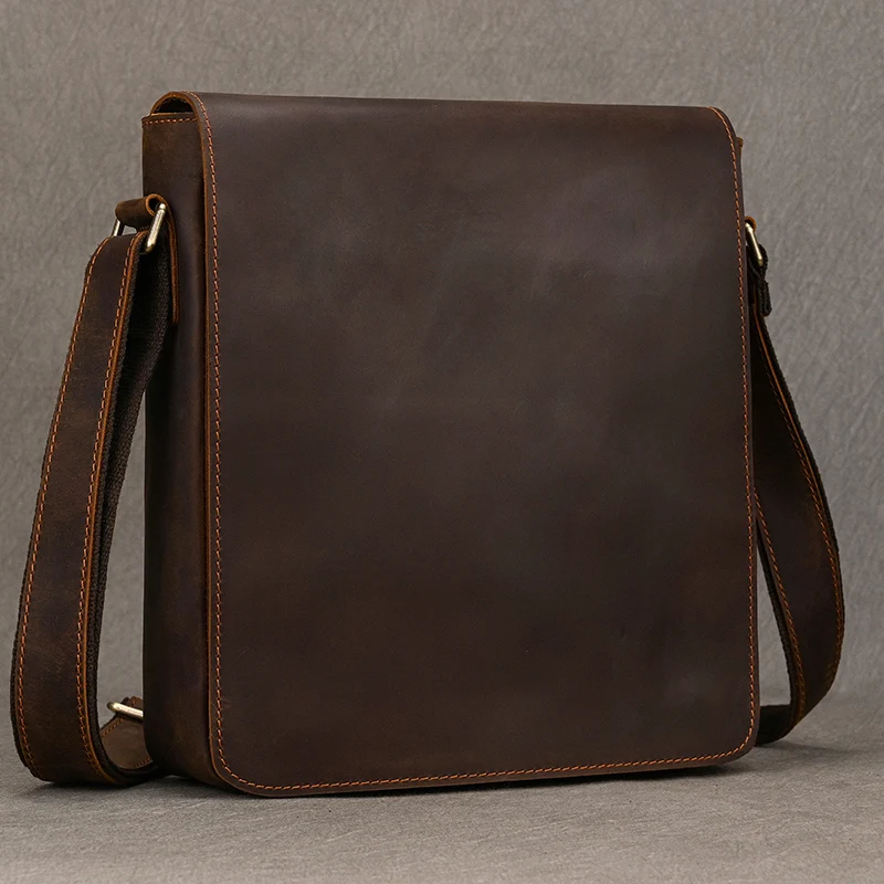 Men\'s Vintage Genuine Leather iPad Messenger Bag Thick Cow Leather Shoulder Bag Small Casual Crossbody Bag Cowhide Briefcase