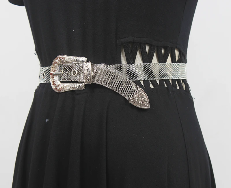 Women's Runway Fashion Metal Knitted Cummerbunds Female Dress Corsets Waistband Belts Decoration Narrow Belt R730