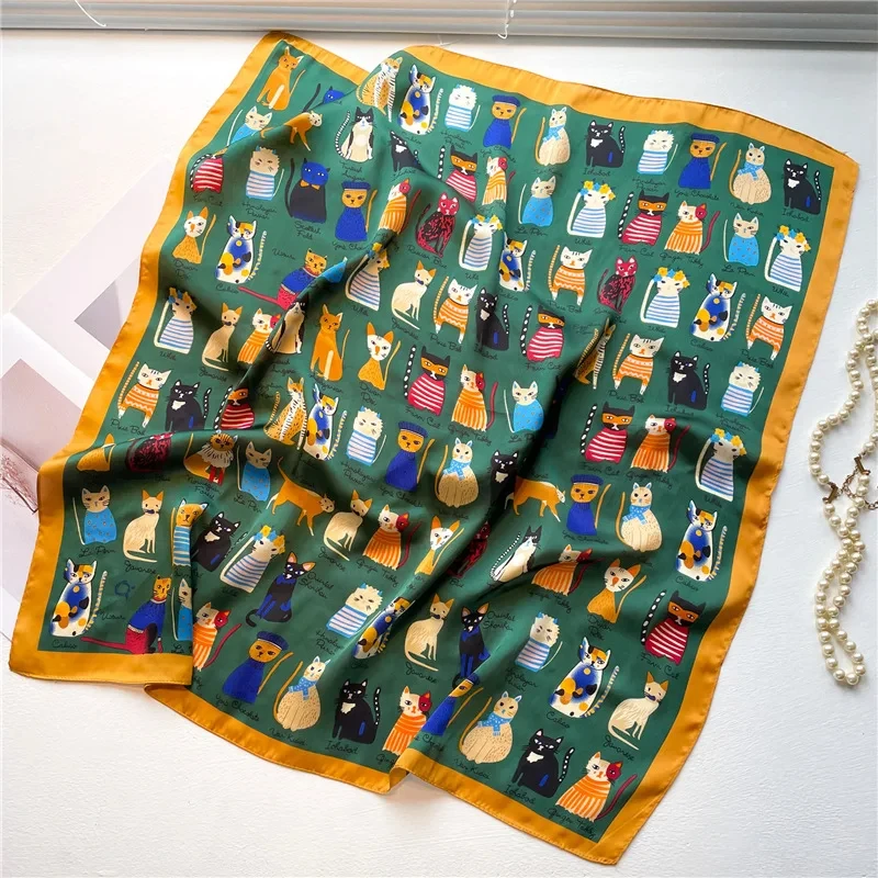 Luxury Brand Fashion Summer Square Scarf Women Cat Soft Satin Neck Hair Tie Band Beach Hijab Head Female Foulard 70x70CM