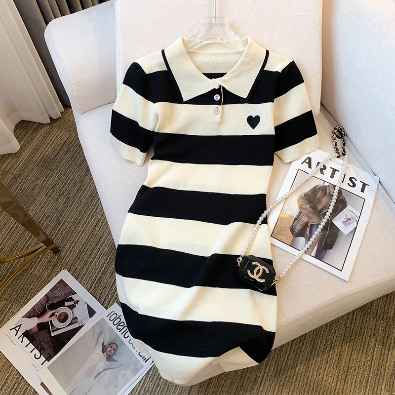 

Red And White Striped T-Shirt Women'S Summer Short Sleeve Lapel Long Tops 2024 New Leisure Fashion Brand Europe Long Polo Dress