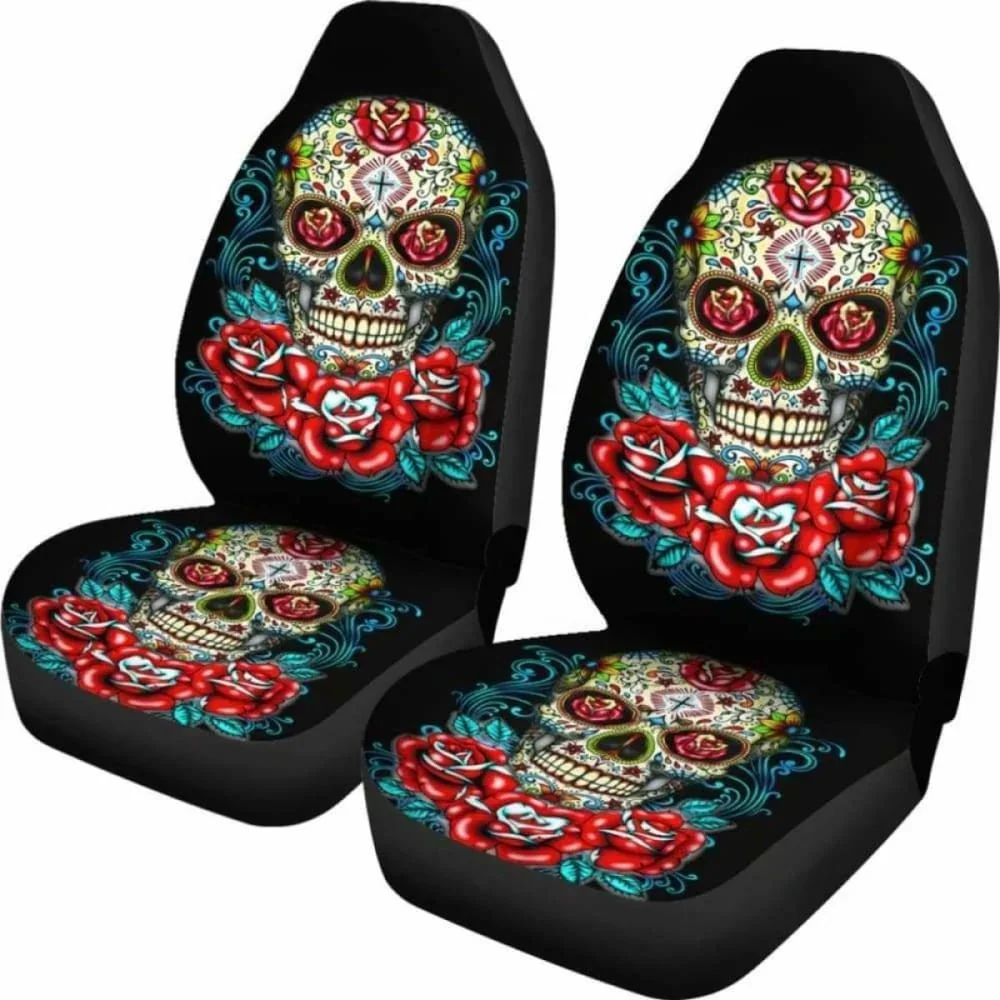 Set Of 2 Flower Sugar Skull Seat Covers,Pack of 2 Universal Front Seat Protective Cover