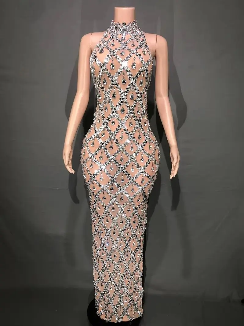 Robe de Soirée Transparente en Maille avec Strass Lourds et Élégants pour Femme, Style Halter, Sexy et Transparente, Robe Moulante en Cristal pour Chanteuse, Club, Soirée, Scène