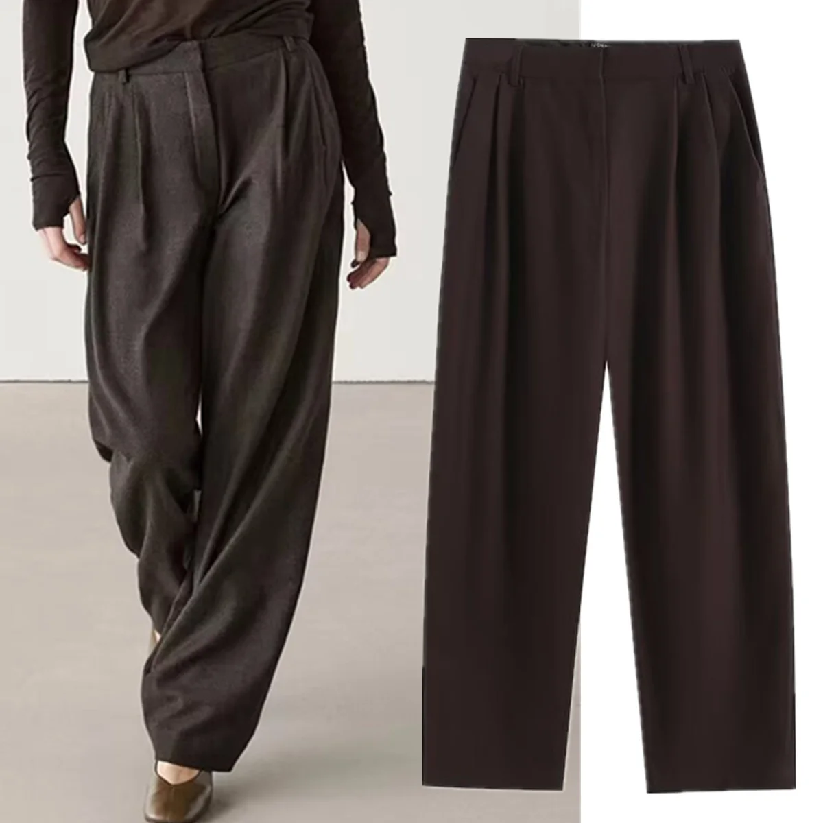 

Jenny&Dave Spring Woman ClotheMinimalist Brown Flannel Pants Winter Vintage Brown Elegant Loose Straight Pleated Pants Trouser