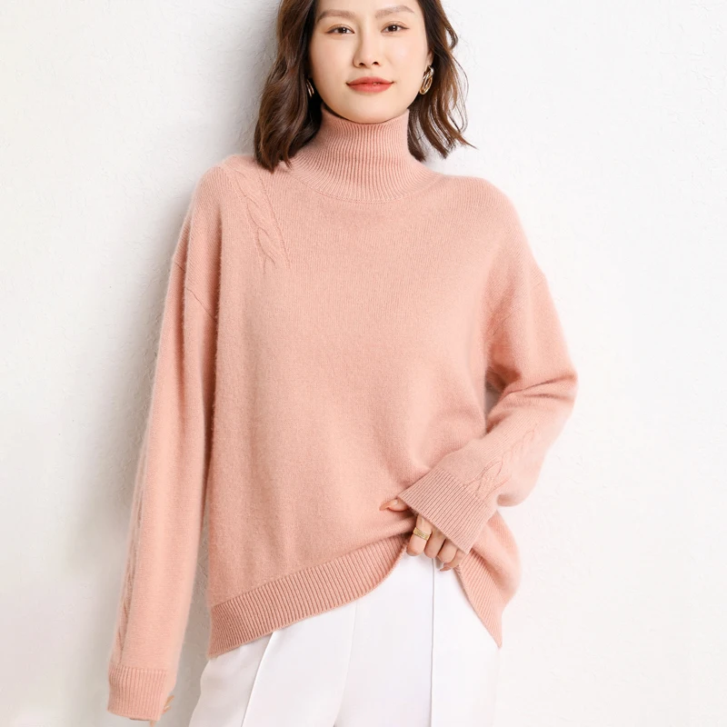 

High Quality Winter Loose Clothing For Women 100% Goat Cashmere Thicker Sweaters Turtleneck Ladies Long Sleeve Soft Knitwears