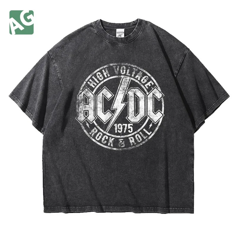 

2025 European and American Heavy Metal Acdc Band Aged Washed Heavyweight Pure Cotton Five-inch Short-sleeved T-shirt for Men