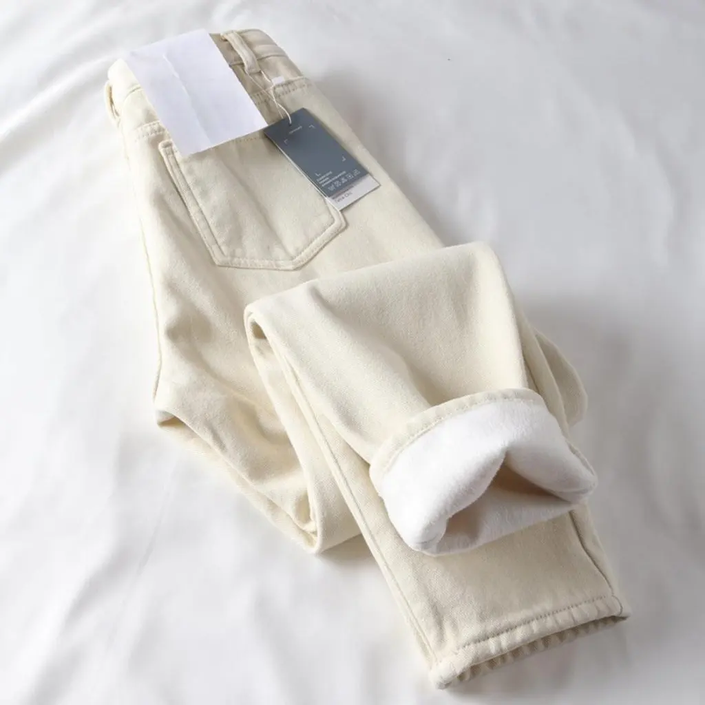 

Женские утолщенные брюки Torre на флисовой подкладке с высокой талией, кремово-белые свободные джинсовые брюки Hallen на осень-зиму