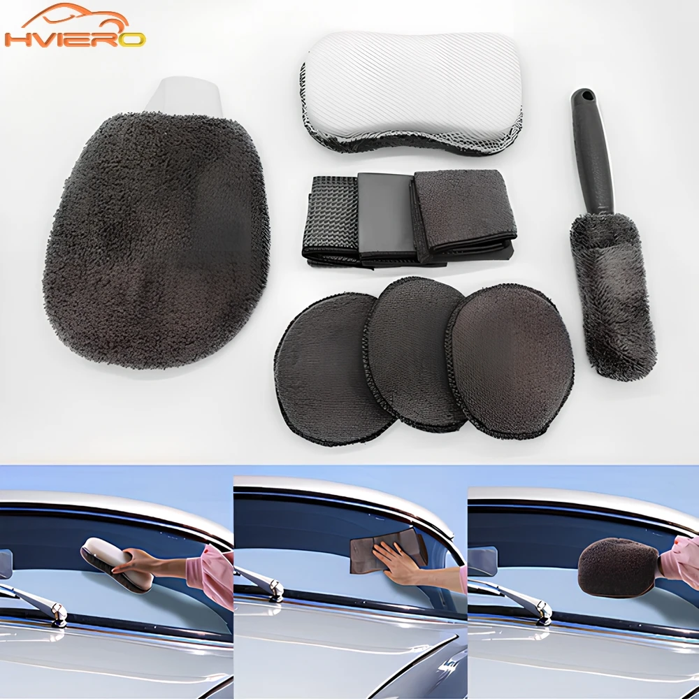 

Automotive Professional Beauty Cleaning 9-piece Set Wipe Home Desk Gloves Towel Rag Waxing Sponge Wheel Brush Car Accessories