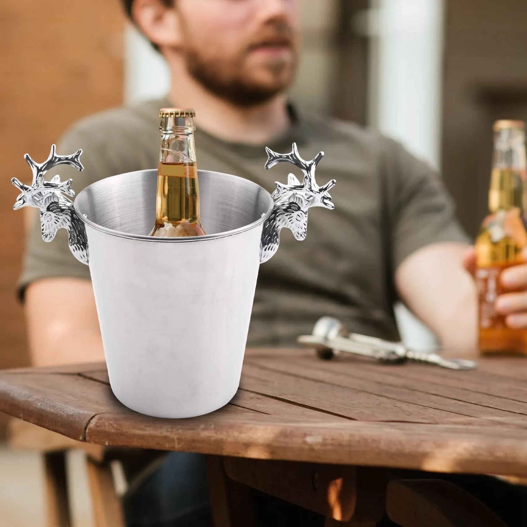 Stainless Steel Ice Buckets,Deer Head Handle,Insulated Ice Bucket,Wine Buckets Champagne Bucket for Paties and Bar (S)