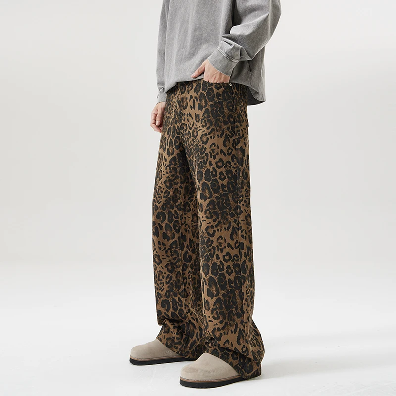 

Y2K Leopard Jeans for Men 2024 Autumn and Winter New Fashion Street Loose Cool Straight Wide Leg Casual Denim Trousers