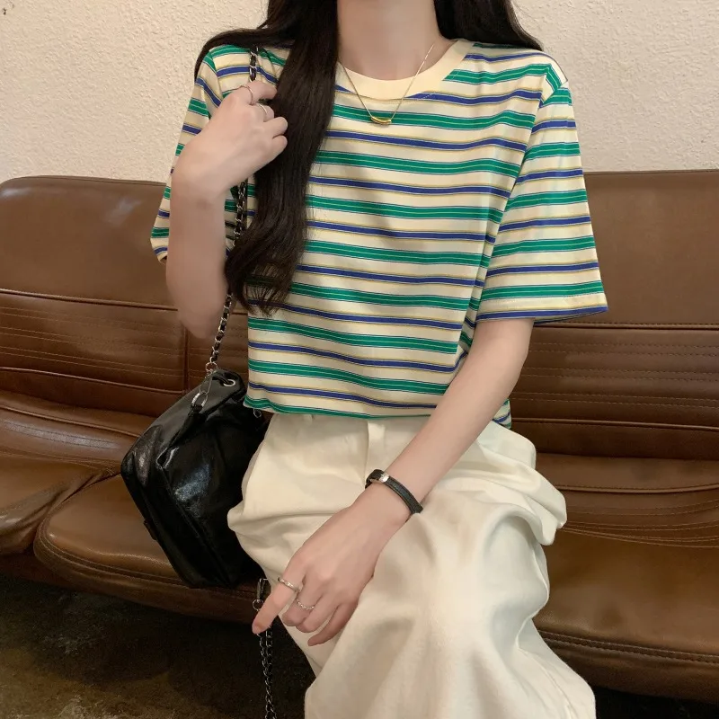 Short-sleeved Striped T-shirts Women 2024 Summer New Slim Thin O-neck Tops Korean Style Office Lady Versatile Casual Tees Female