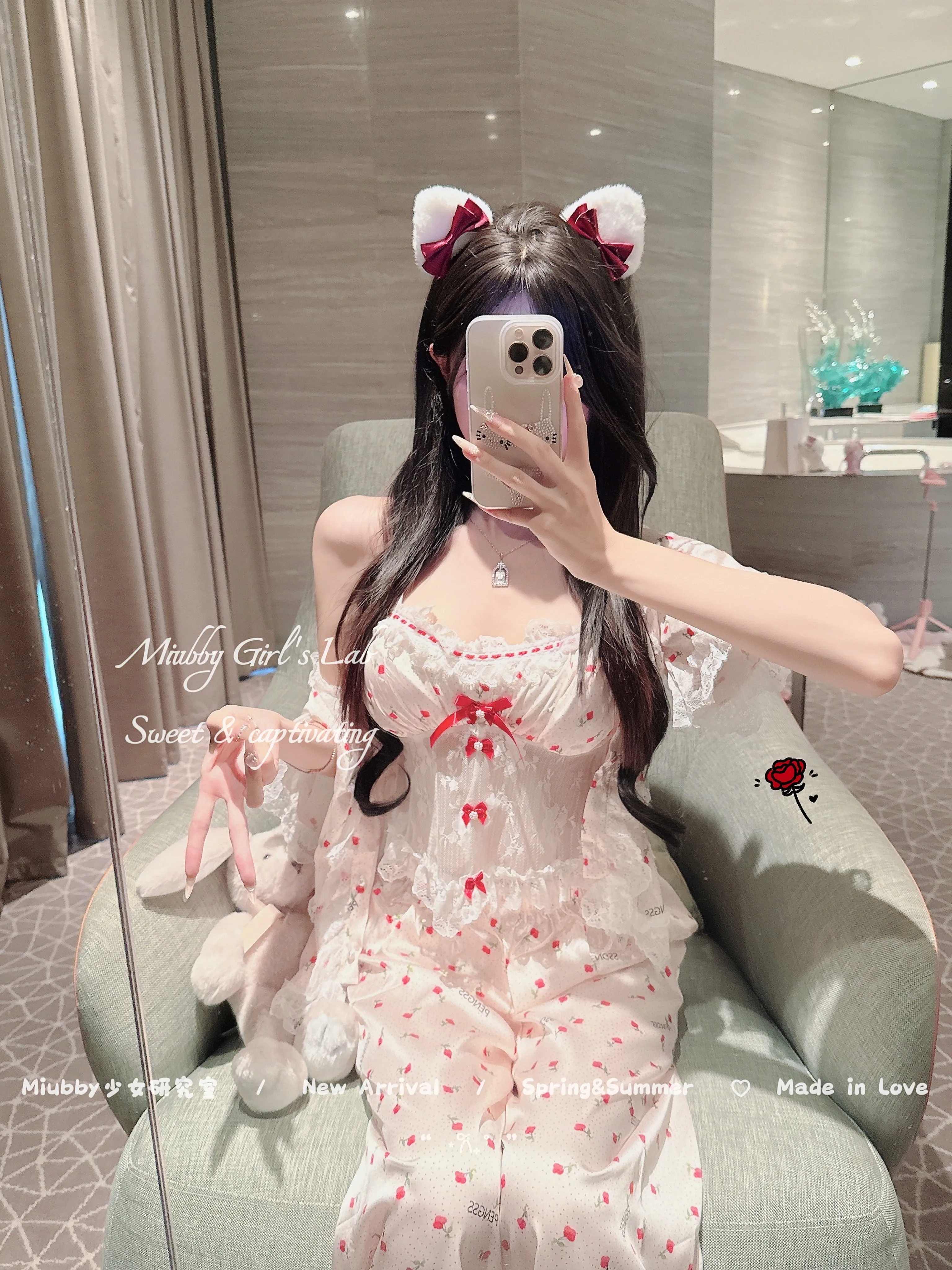 Japanese Original Doll Feeling Sweet Girl Ice Silk Suspender Pajamas Lace Bow Cute Print Sexy Casual Loungewear Set