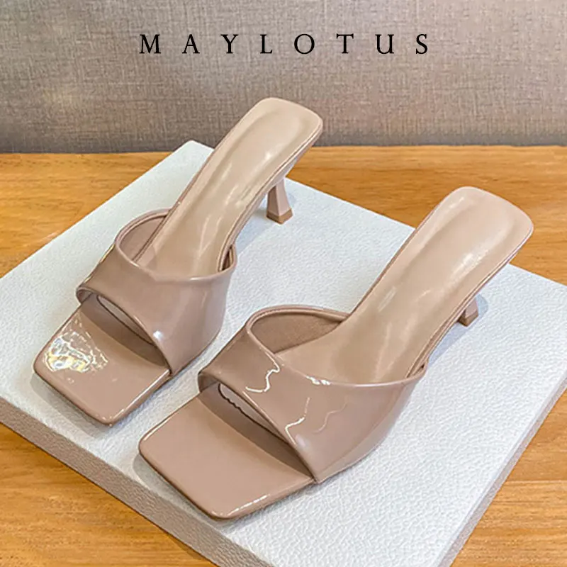 

Size 34-43 Women Heeled Mules Sandals Patent Leather 6cm Heels Summer Shoes Fashionable Sandals Women Sweet Round Toe Slipper